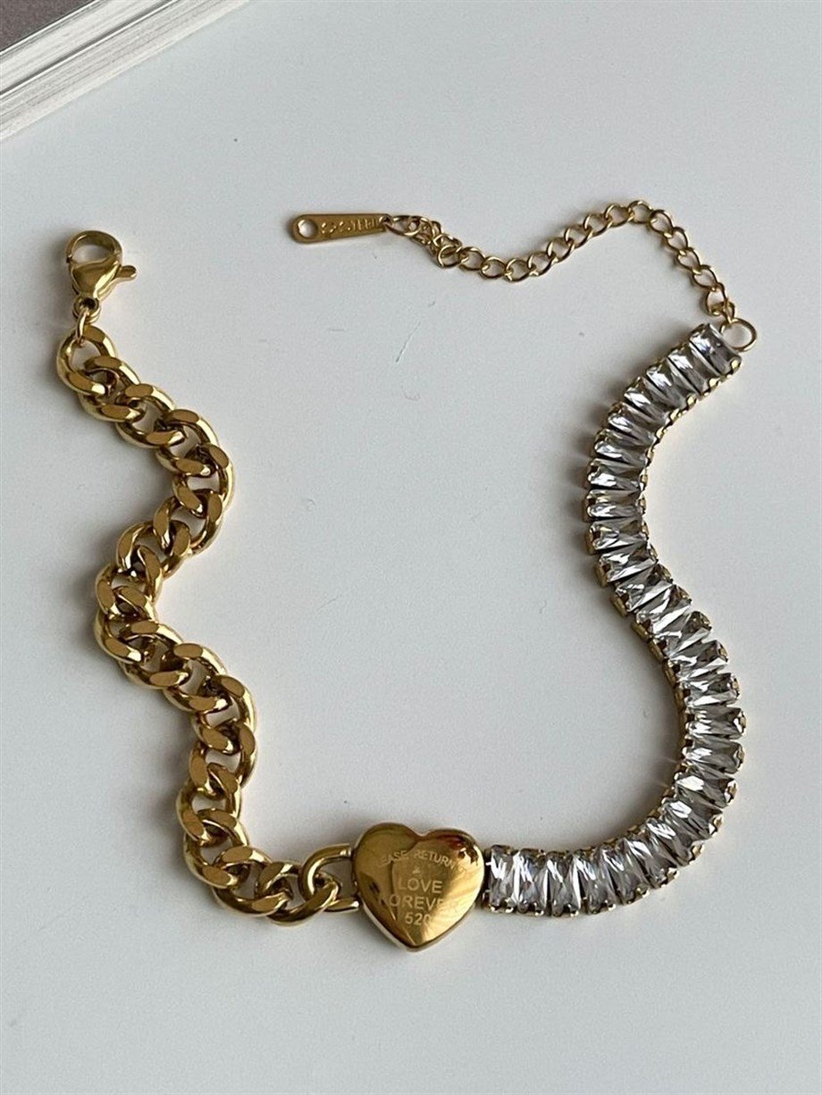 Çelik Baget Taşlı Love Kalpli Bileklik (24 Cm)