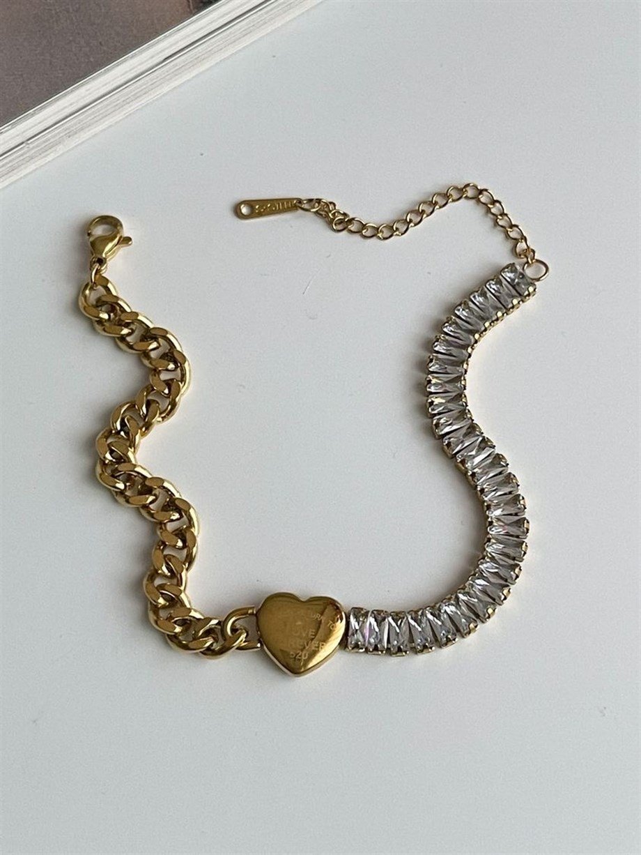 Çelik Baget Taşlı Love Kalpli Bileklik (24 Cm)