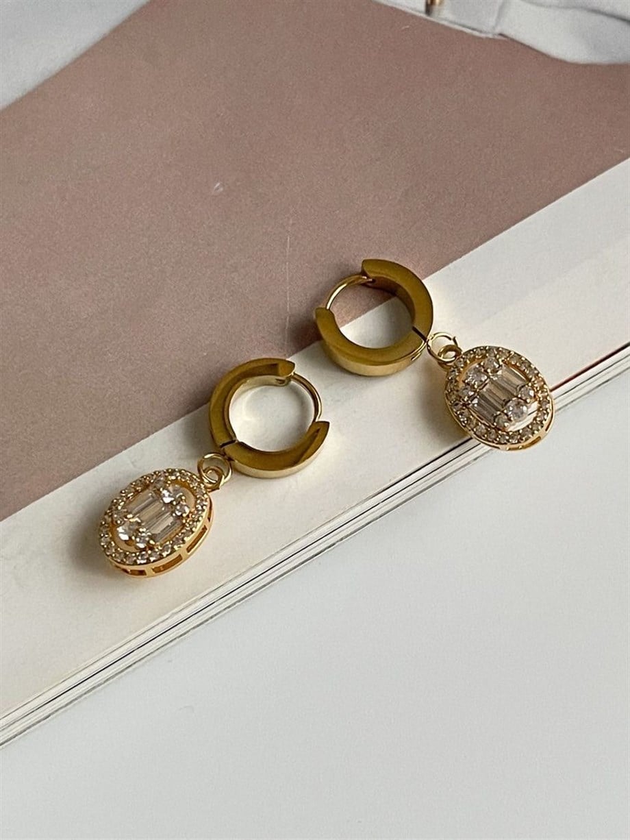 Çelik Baget Taşlı Oval Küpe (2.80 Cm)