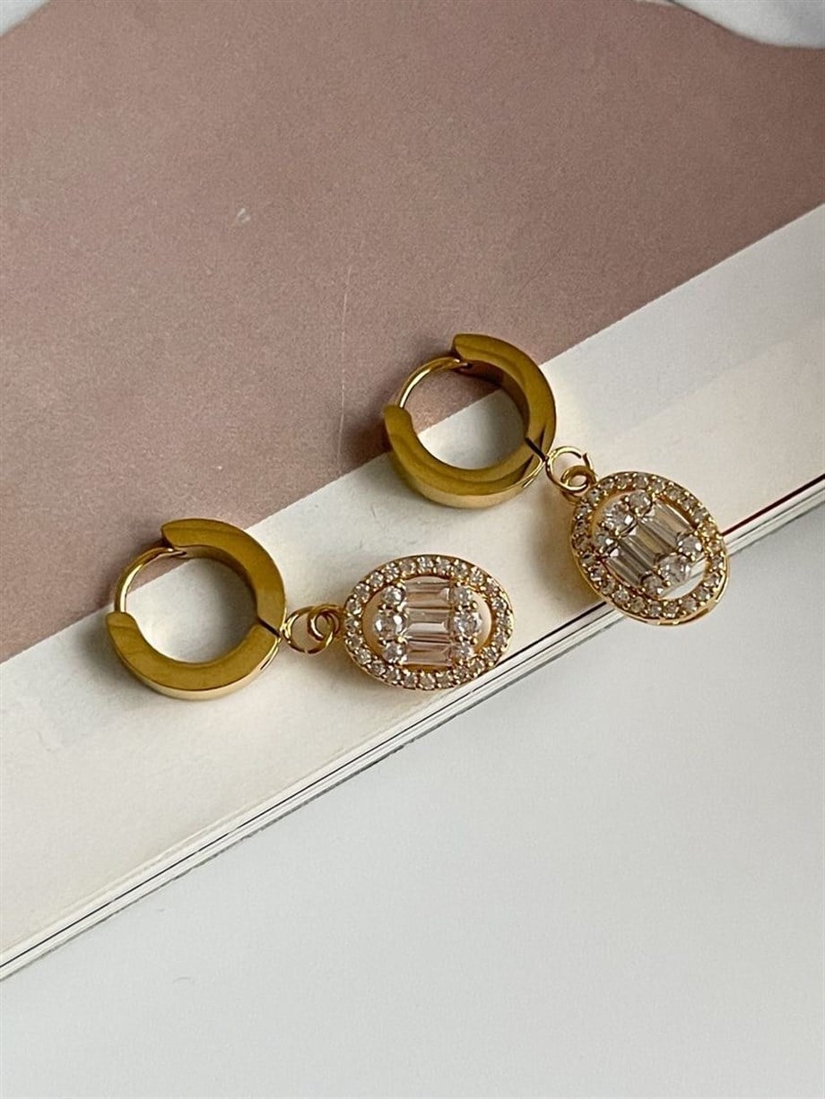 Çelik Baget Taşlı Oval Küpe (2.80 Cm)