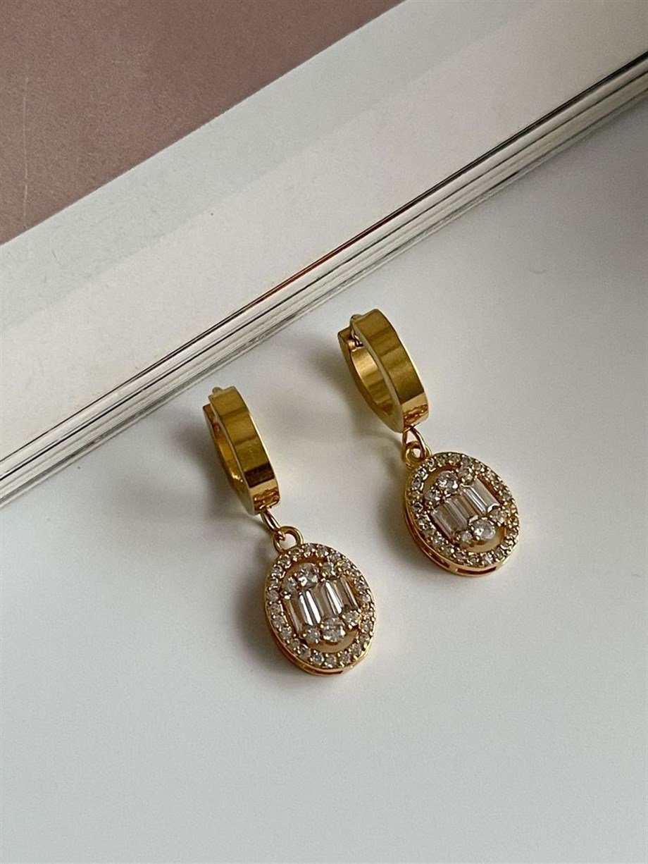 Çelik Baget Taşlı Oval Küpe (2.80 Cm)