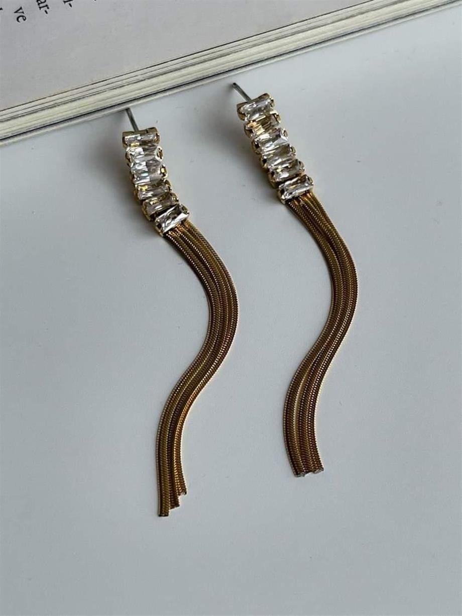 Çelik Baget Taşlı Uzun Küpe (6 Cm)