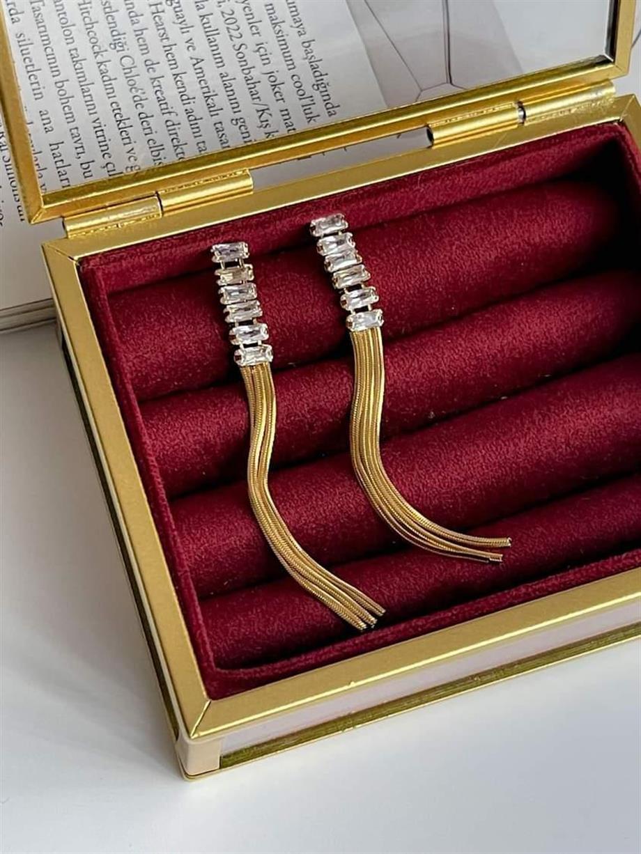Çelik Baget Taşlı Uzun Küpe (6 Cm)