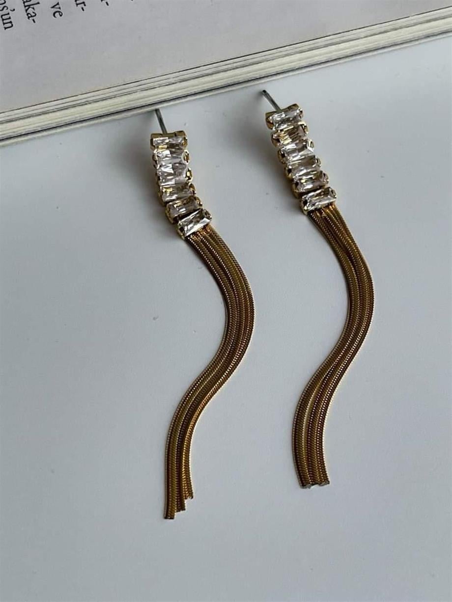 Çelik Baget Taşlı Uzun Küpe (6 Cm)