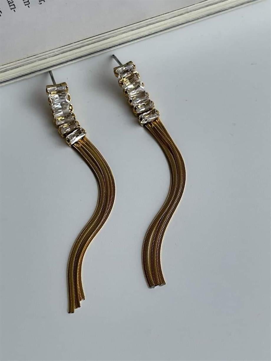 Çelik Baget Taşlı Uzun Küpe (6 Cm)