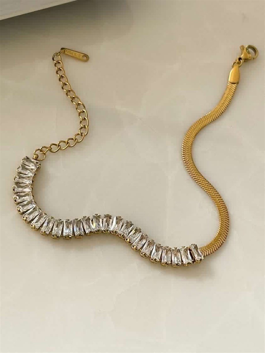 Çelik Baget Taşlı Yarısı İtalyan Zincir Lena Bileklik (23 Cm)