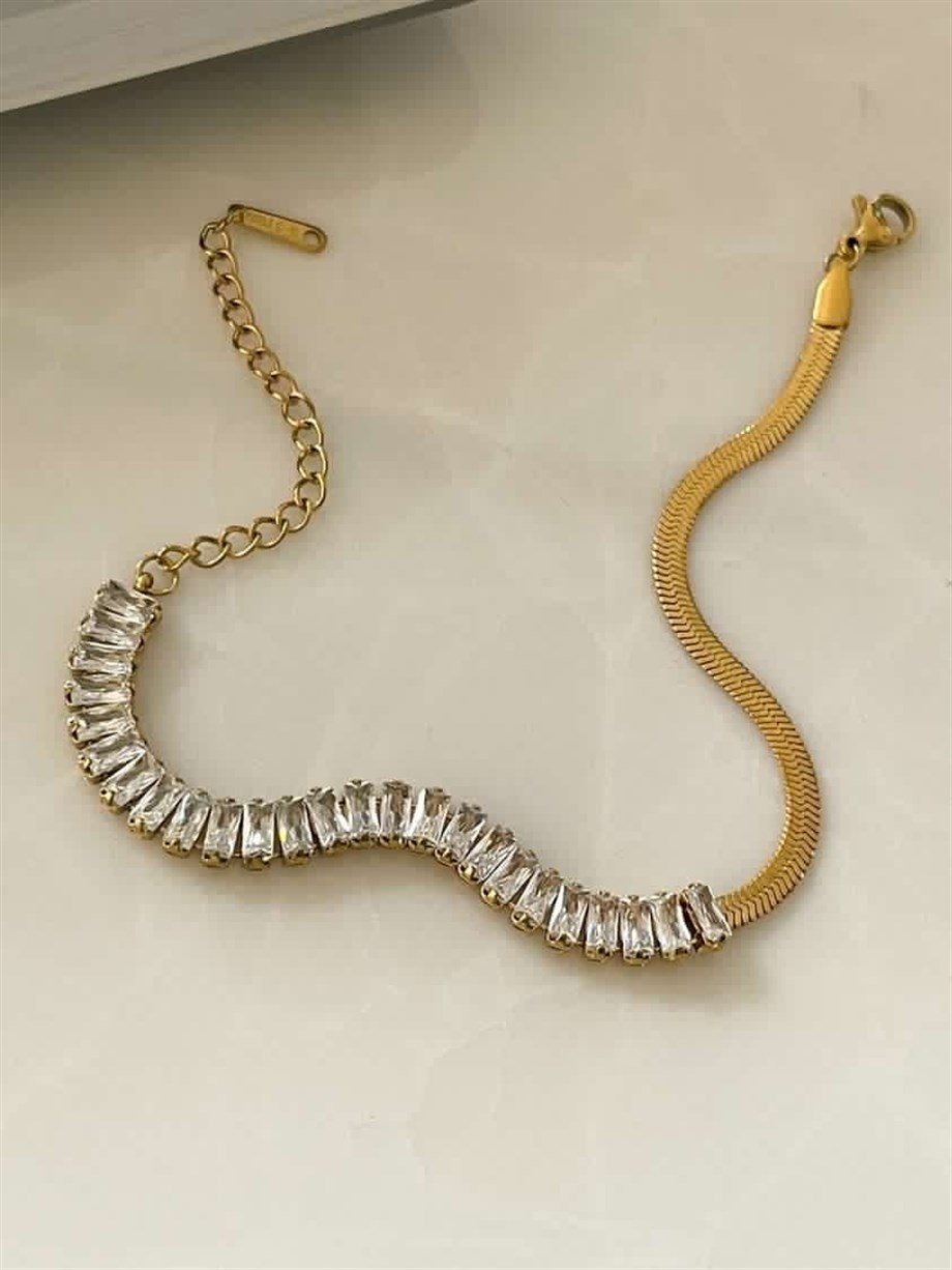 Çelik Baget Taşlı Yarısı İtalyan Zincir Lena Bileklik (23 Cm)