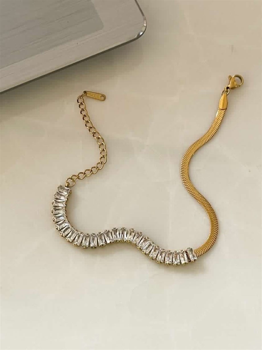 Çelik Baget Taşlı Yarısı İtalyan Zincir Lena Bileklik (23 Cm)