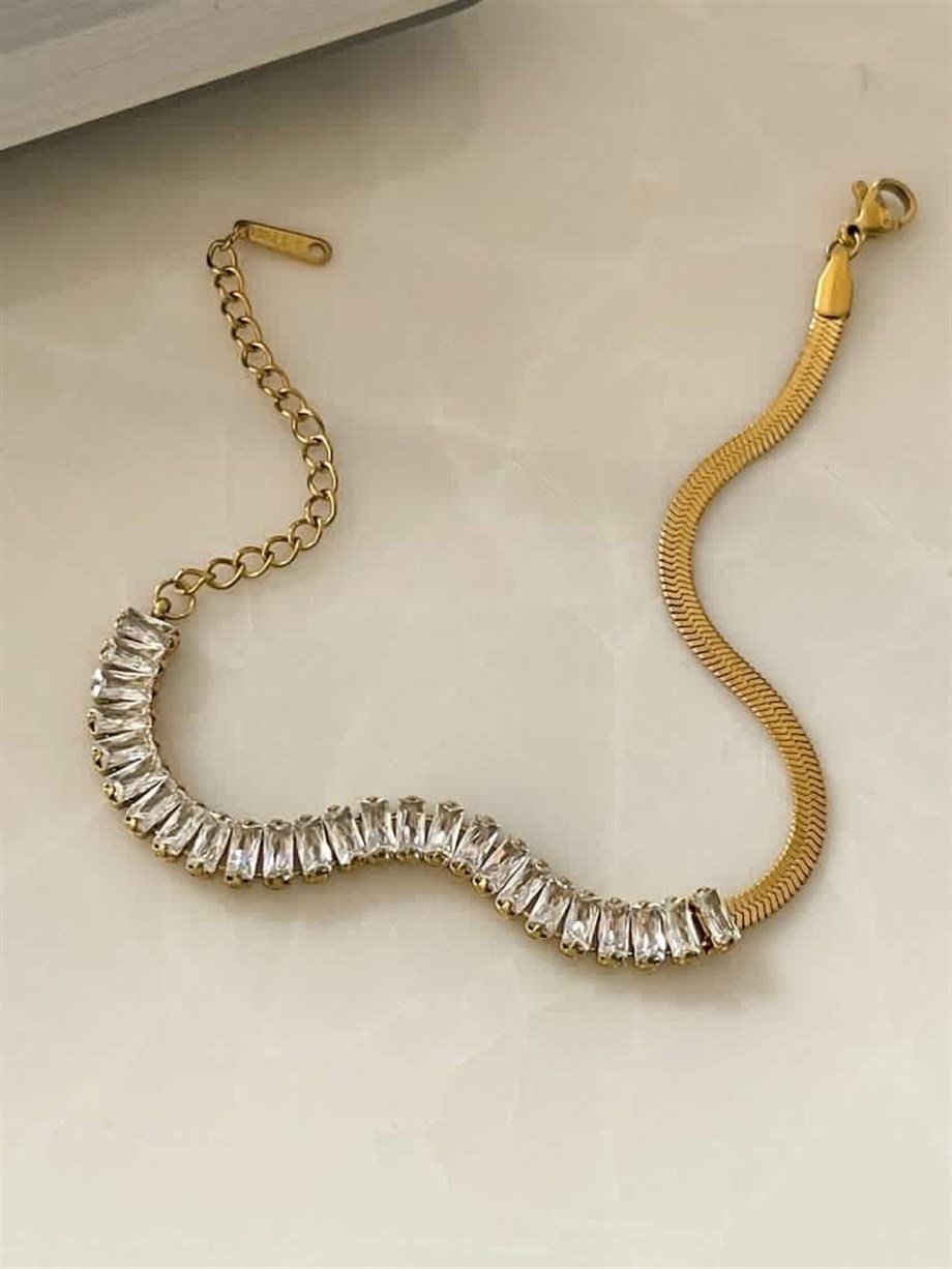 Çelik Baget Taşlı Yarısı İtalyan Zincir Lena Bileklik (23 Cm)