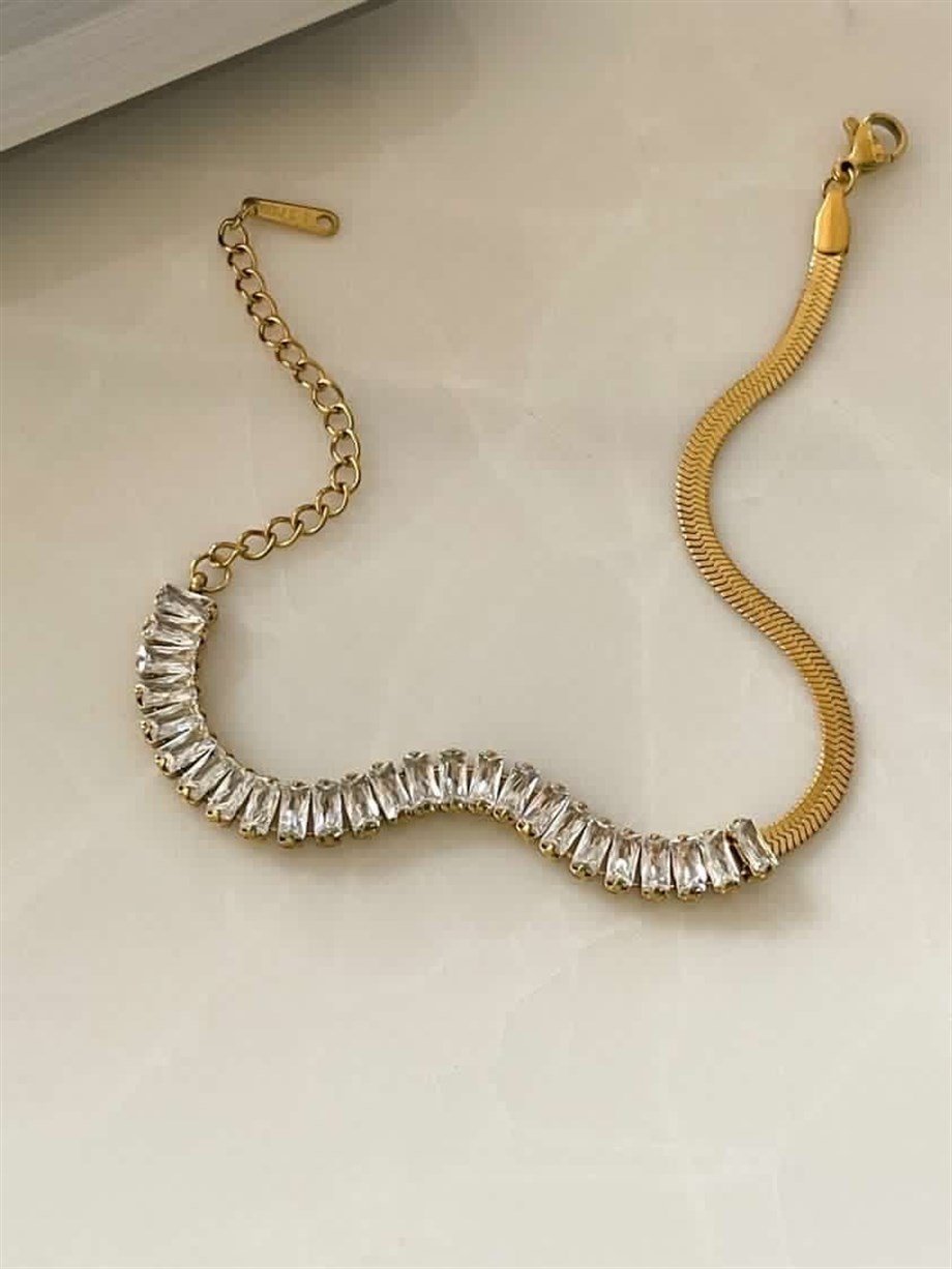 Çelik Baget Taşlı Yarısı İtalyan Zincir Lena Bileklik (23 Cm)