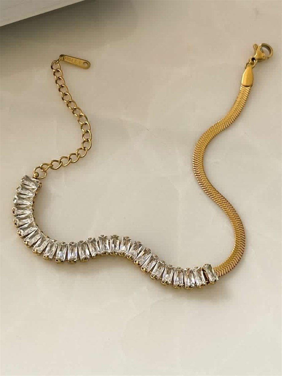 Çelik Baget Taşlı Yarısı İtalyan Zincir Lena Bileklik (23 Cm)