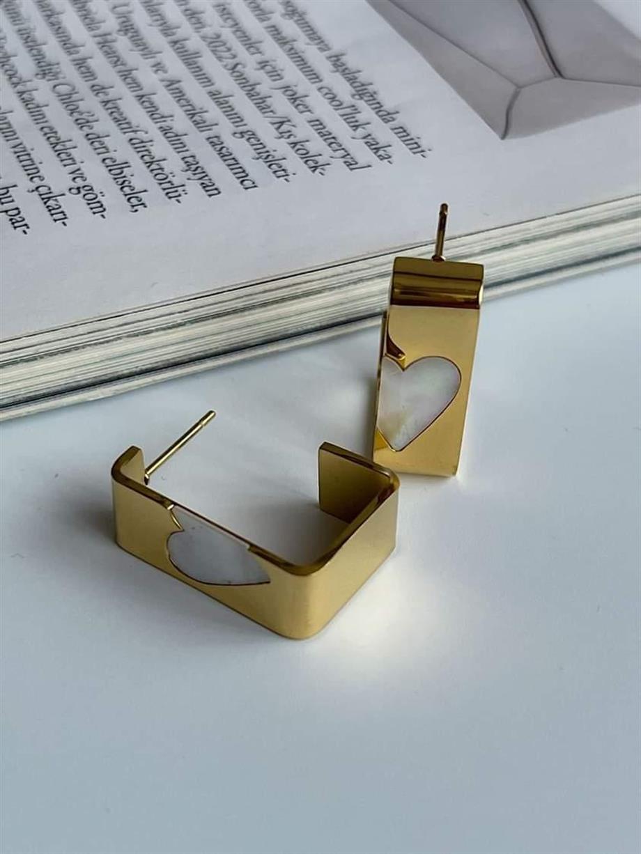 Çelik Beyaz Sedef Kalpli Kare Küpe (2 Cm)