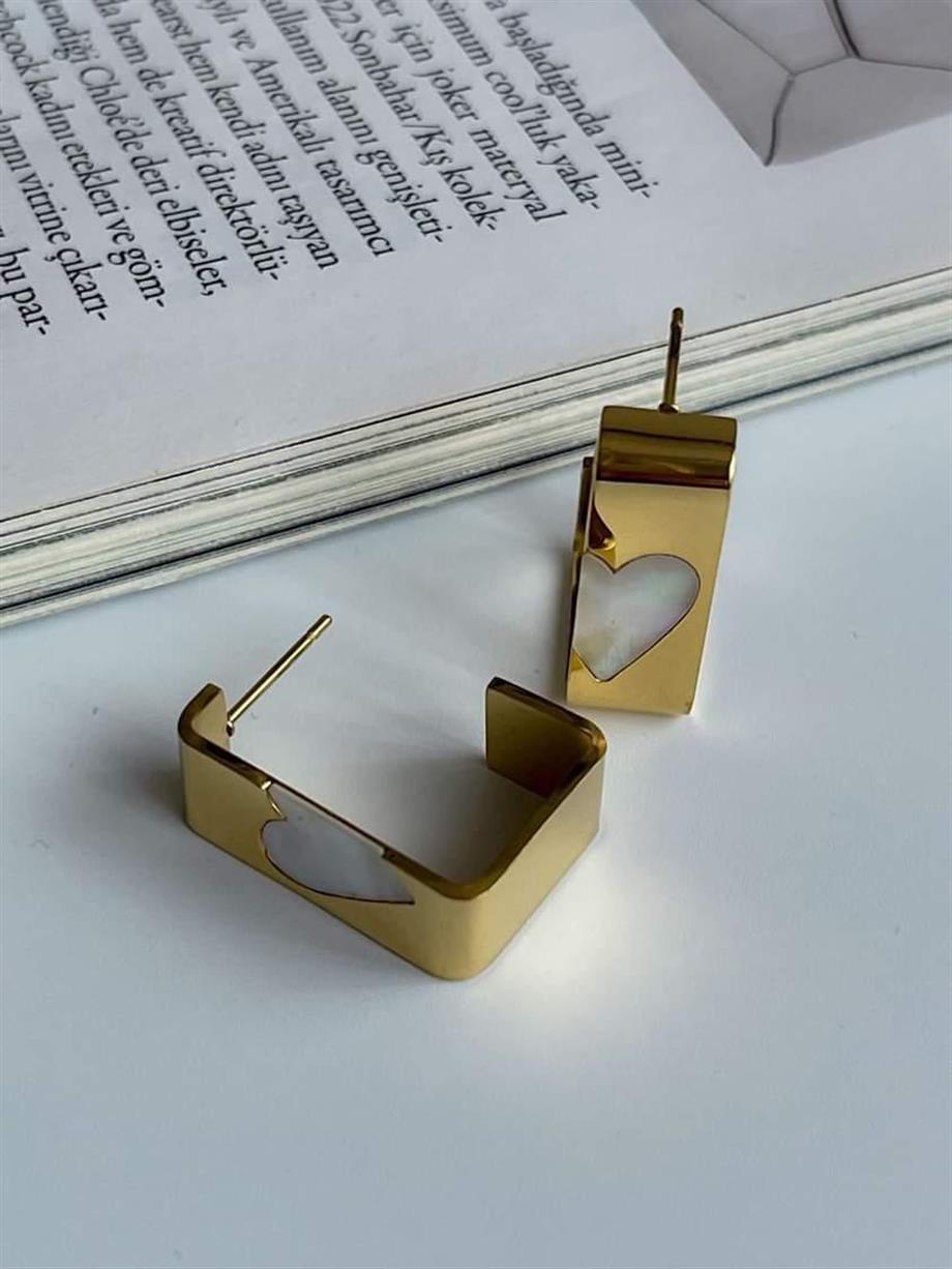 Çelik Beyaz Sedef Kalpli Kare Küpe (2 Cm)