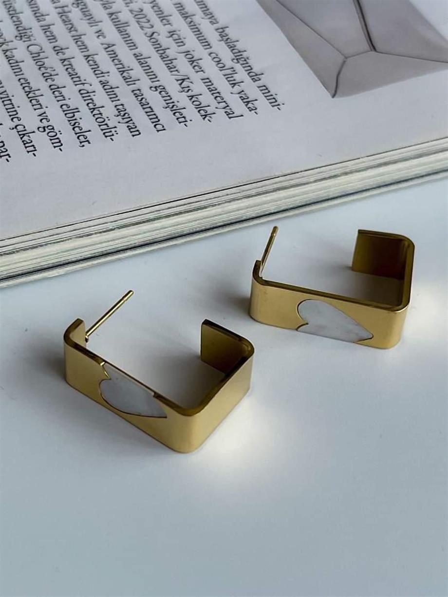 Çelik Beyaz Sedef Kalpli Kare Küpe (2 Cm)