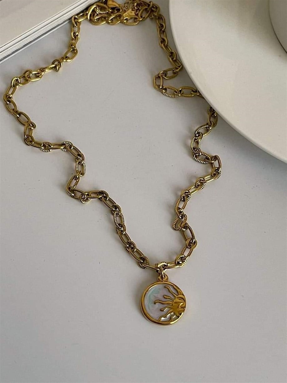 Çelik Beyaz Sedefli Güneş Madalyon Kolye (45 Cm)