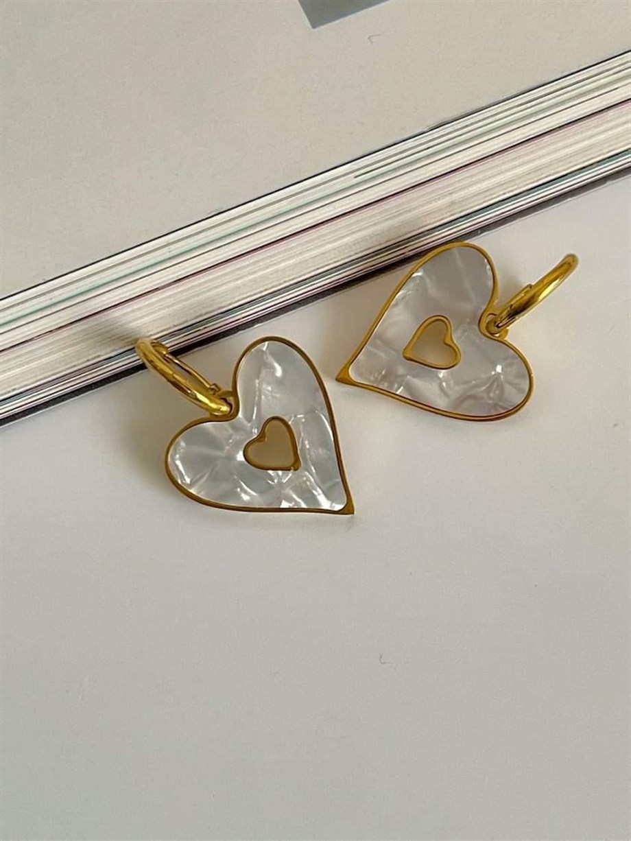Çelik Beyaz Sedefli Kalp Küpe (3 Cm)