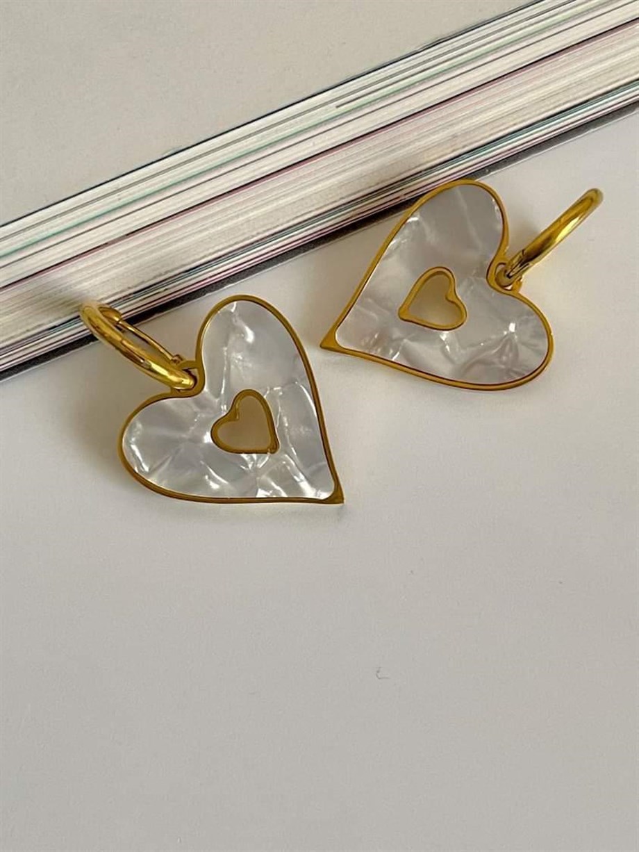 Çelik Beyaz Sedefli Kalp Küpe (3 Cm)