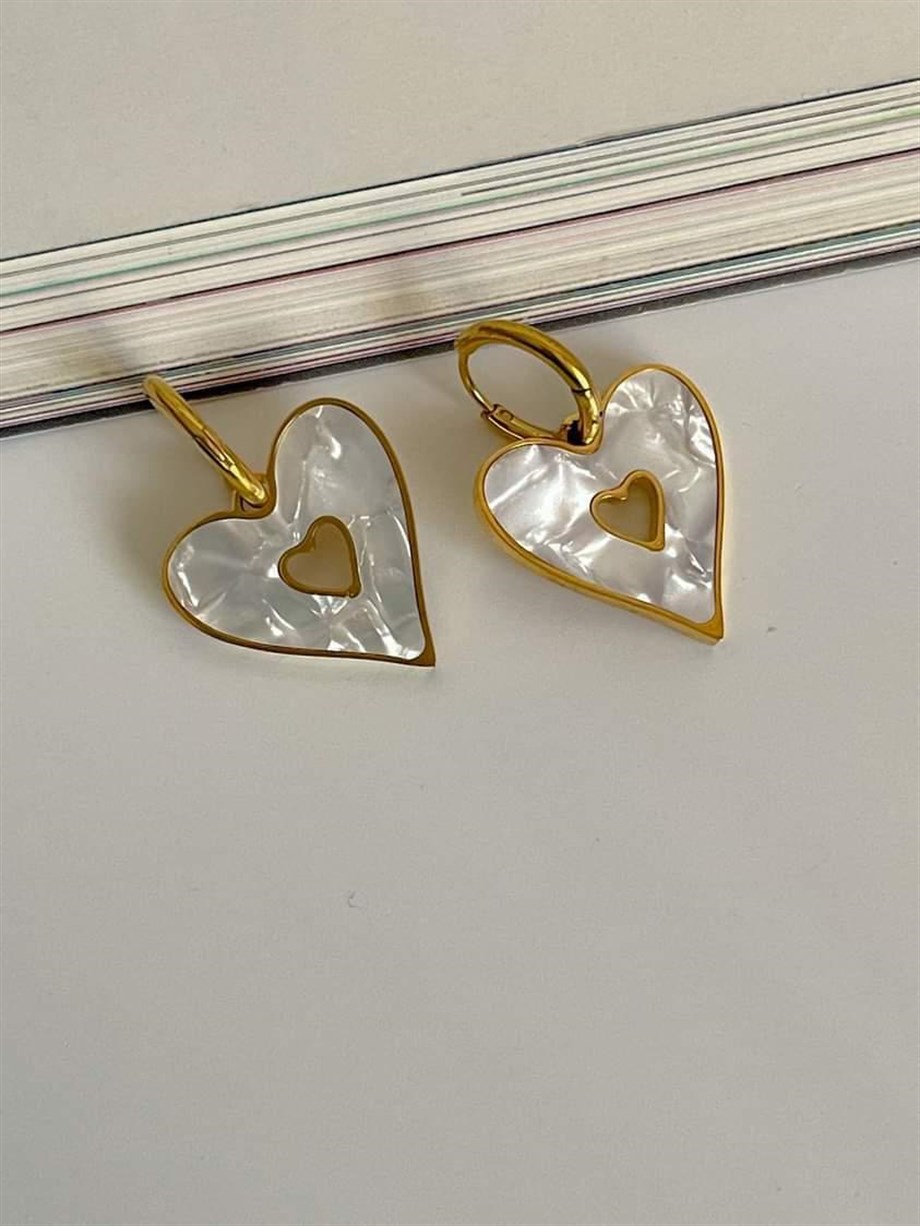 Çelik Beyaz Sedefli Kalp Küpe (3 Cm)