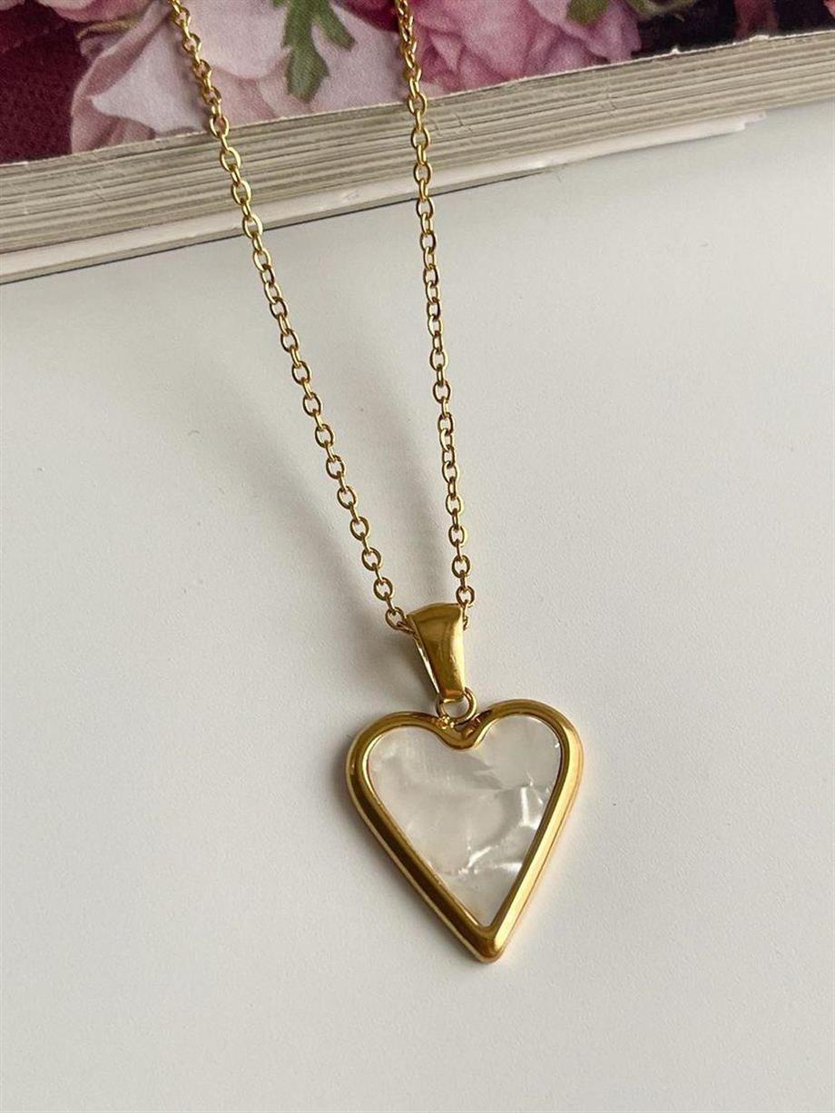 Çelik Beyaz Sedefli Kalp Minimal Kolye (48 Cm)