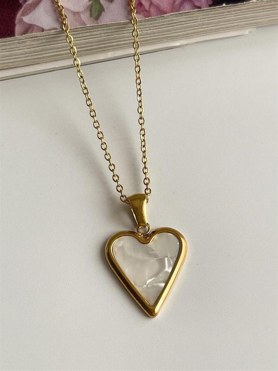 Çelik Beyaz Sedefli Kalp Minimal Kolye (48 Cm)