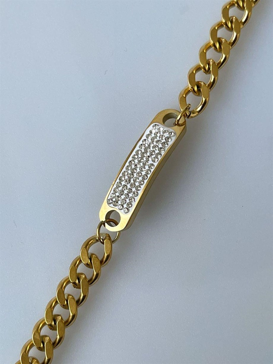 Çelik Beyaz Taşlı Künye Bileklik (22 Cm)