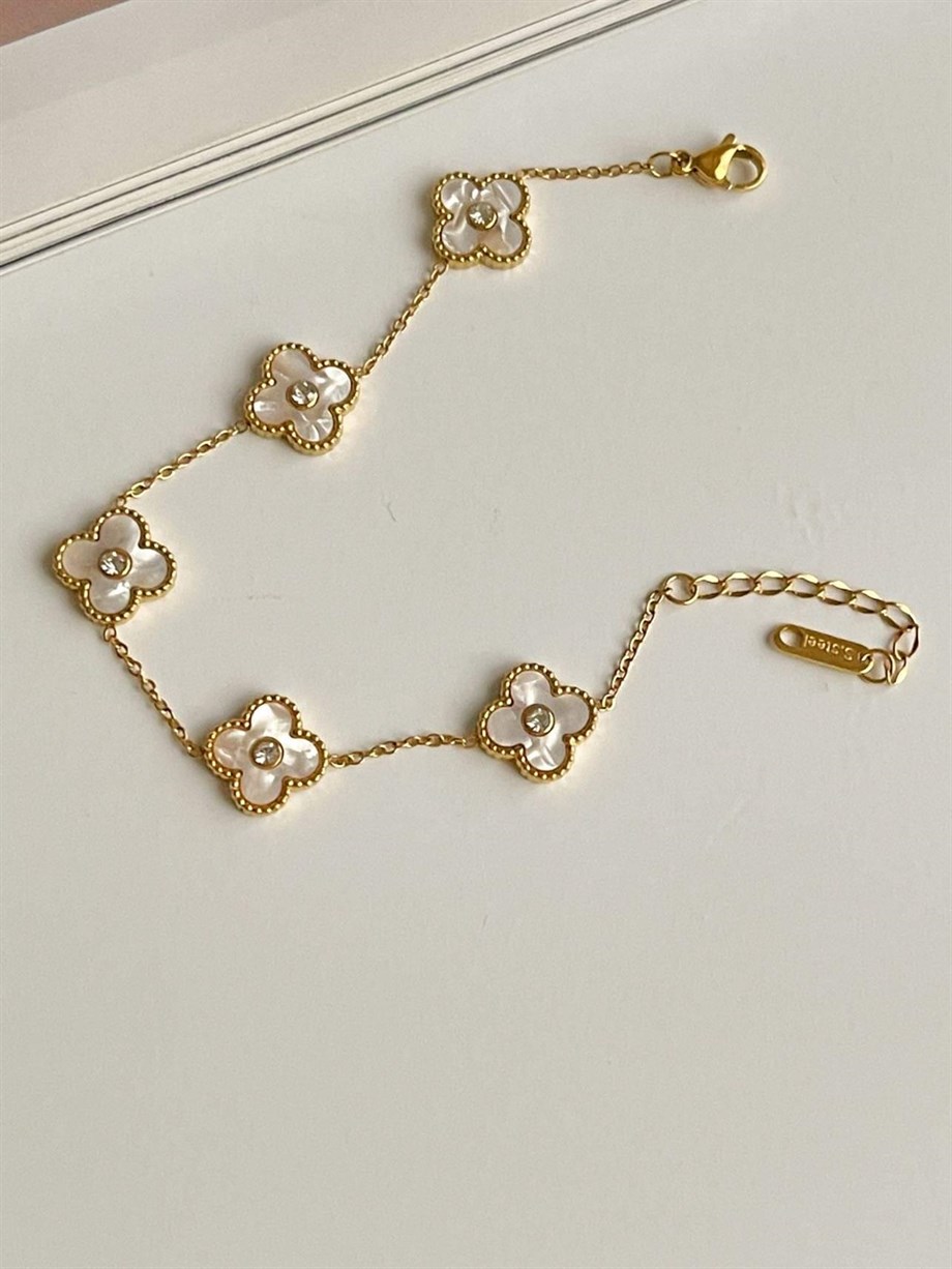 Çelik Beyaz Taşlı Van Cleef Bileklik (23 Cm)