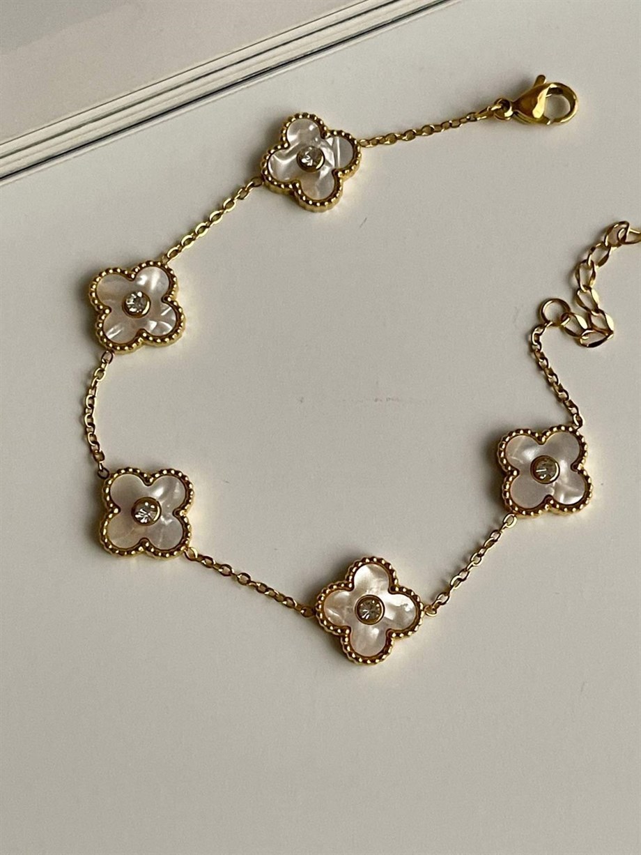 Çelik Beyaz Taşlı Van Cleef Bileklik (23 Cm)