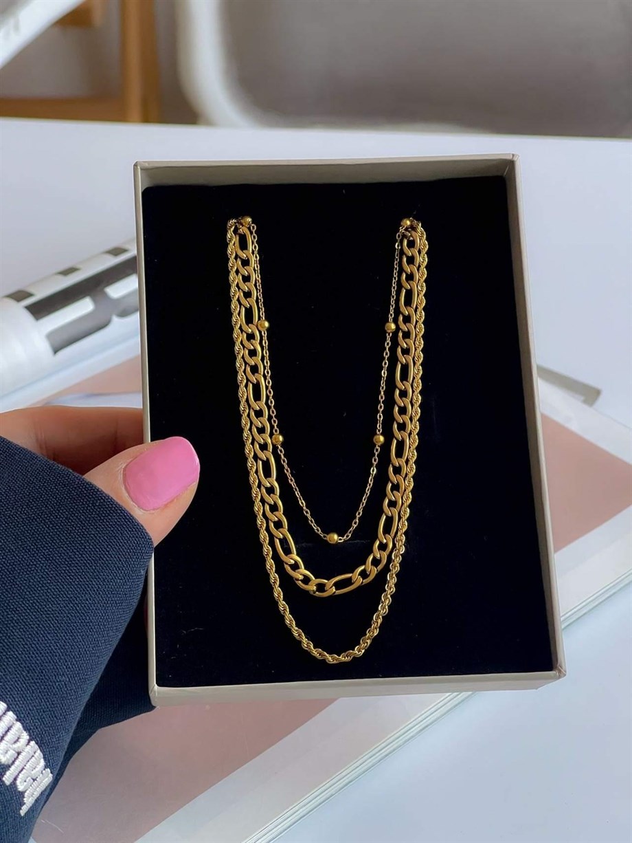 Çelik Burgu Halat Boyfiriend Toçuklu Zincir Detaylı Üçlü Birleşik Olmayan Kombin Kolye (75 Cm)