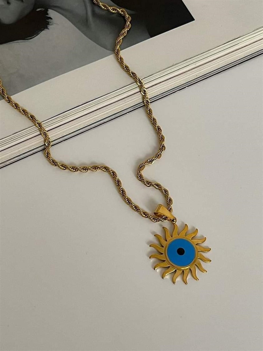 Çelik Burgu Halat Mavi Nazar Boncuklu Güneş Detaylı Kolye (63 Cm)