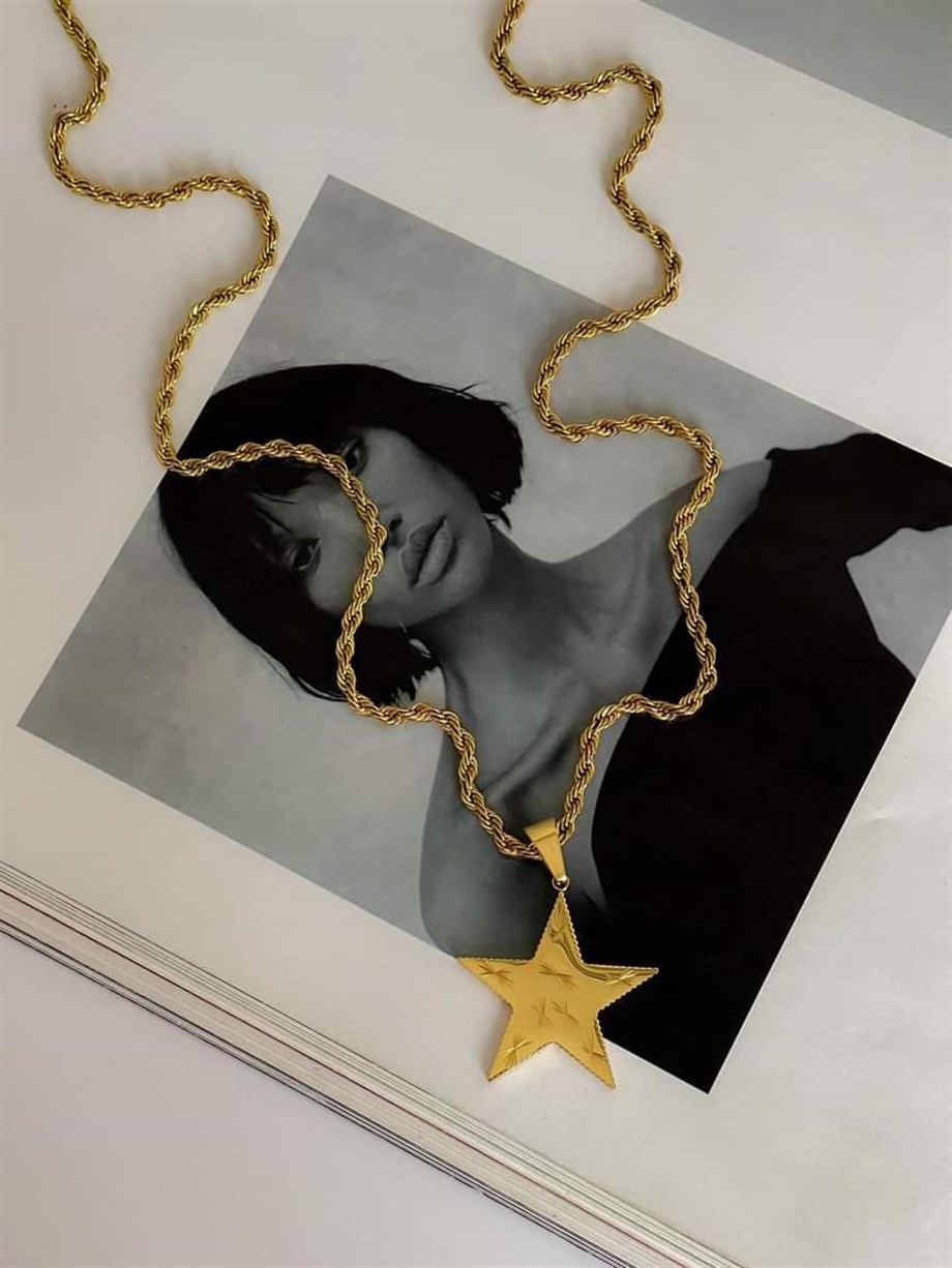 Çelik Burgu Halat Yıldız Uçlu Uzun Kolye (47 Cm)