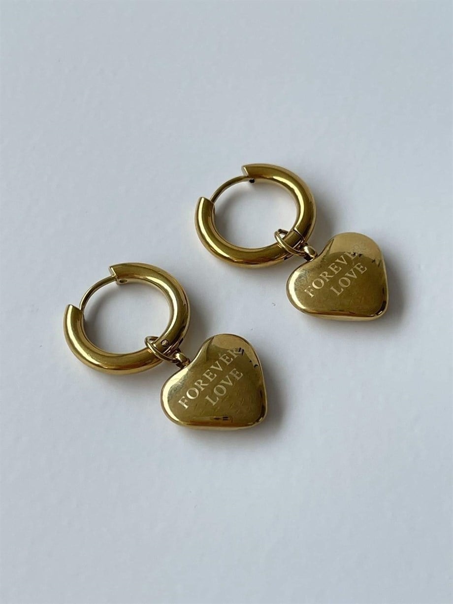 Çelik Forever Love Yazılı Kalp Küpe (3.10 Cm)