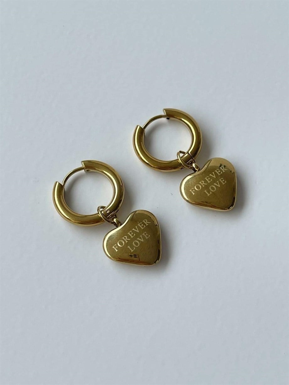 Çelik Forever Love Yazılı Kalp Küpe (3.10 Cm)