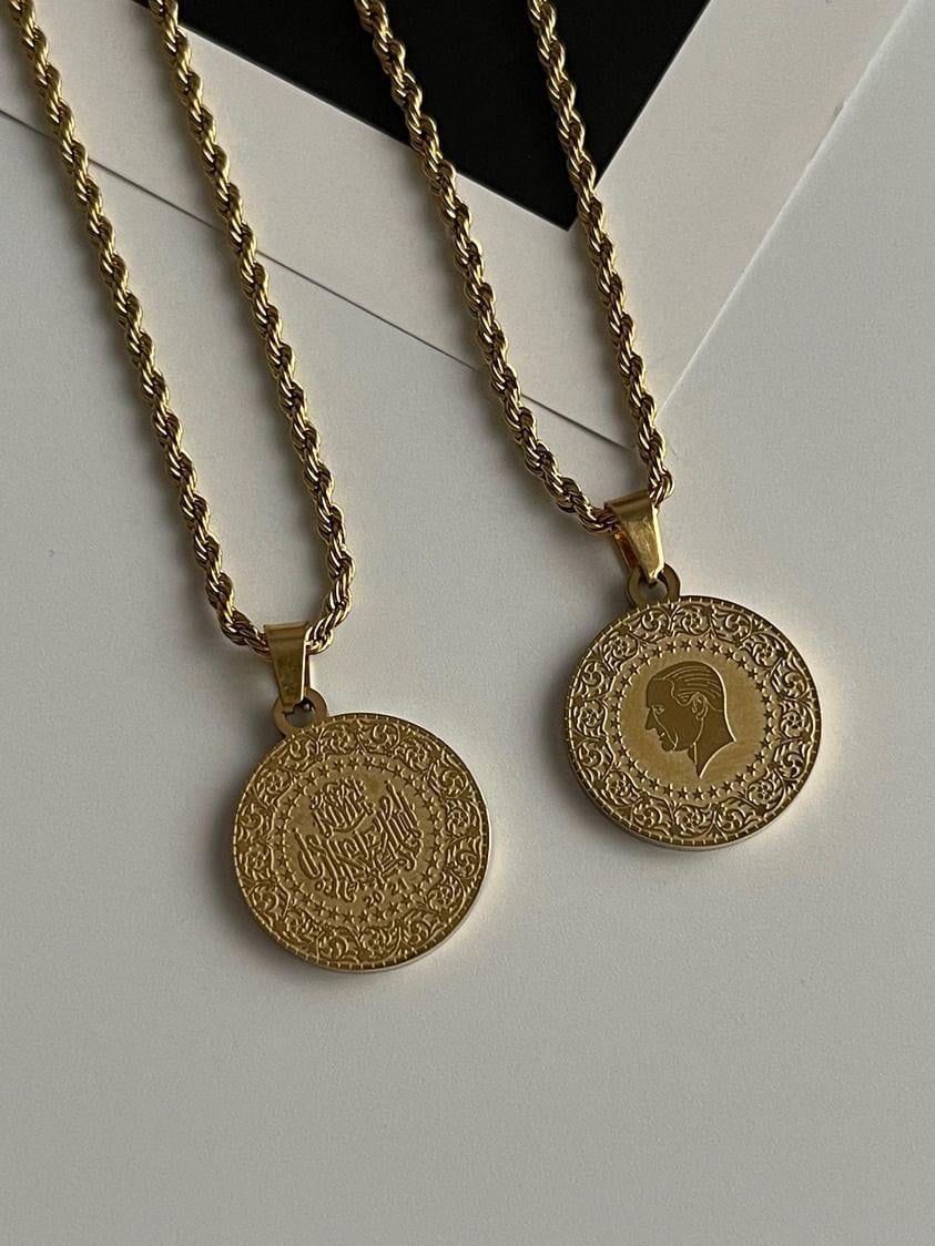 Çelik Gold Atatürk Madalyon Uçlu Burgu Halat Kolye (45 Cm)