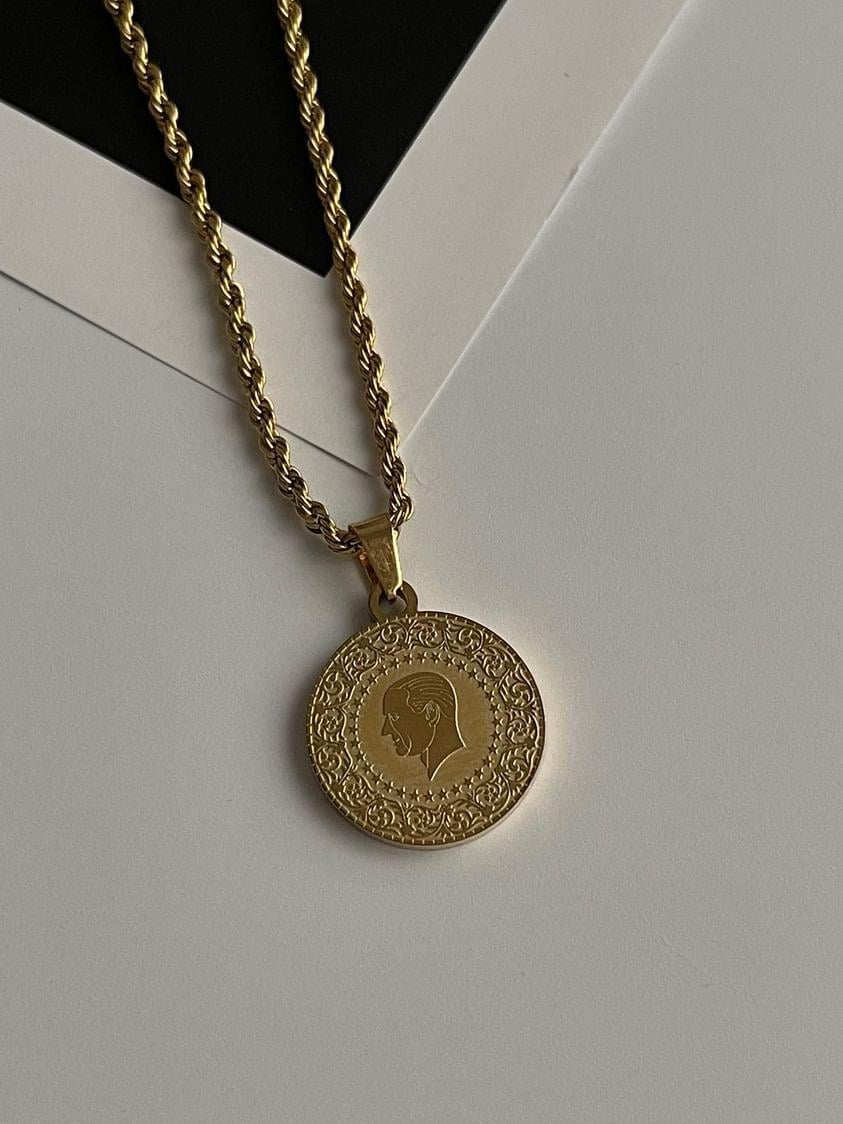 Çelik Gold Atatürk Madalyon Uçlu Burgu Halat Kolye (45 Cm)