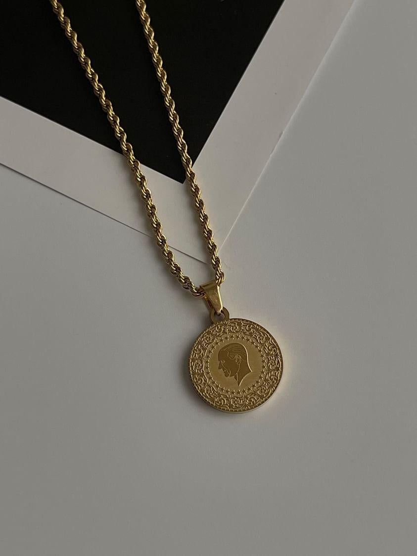 Çelik Gold Atatürk Madalyon Uçlu Burgu Halat Kolye (45 Cm)