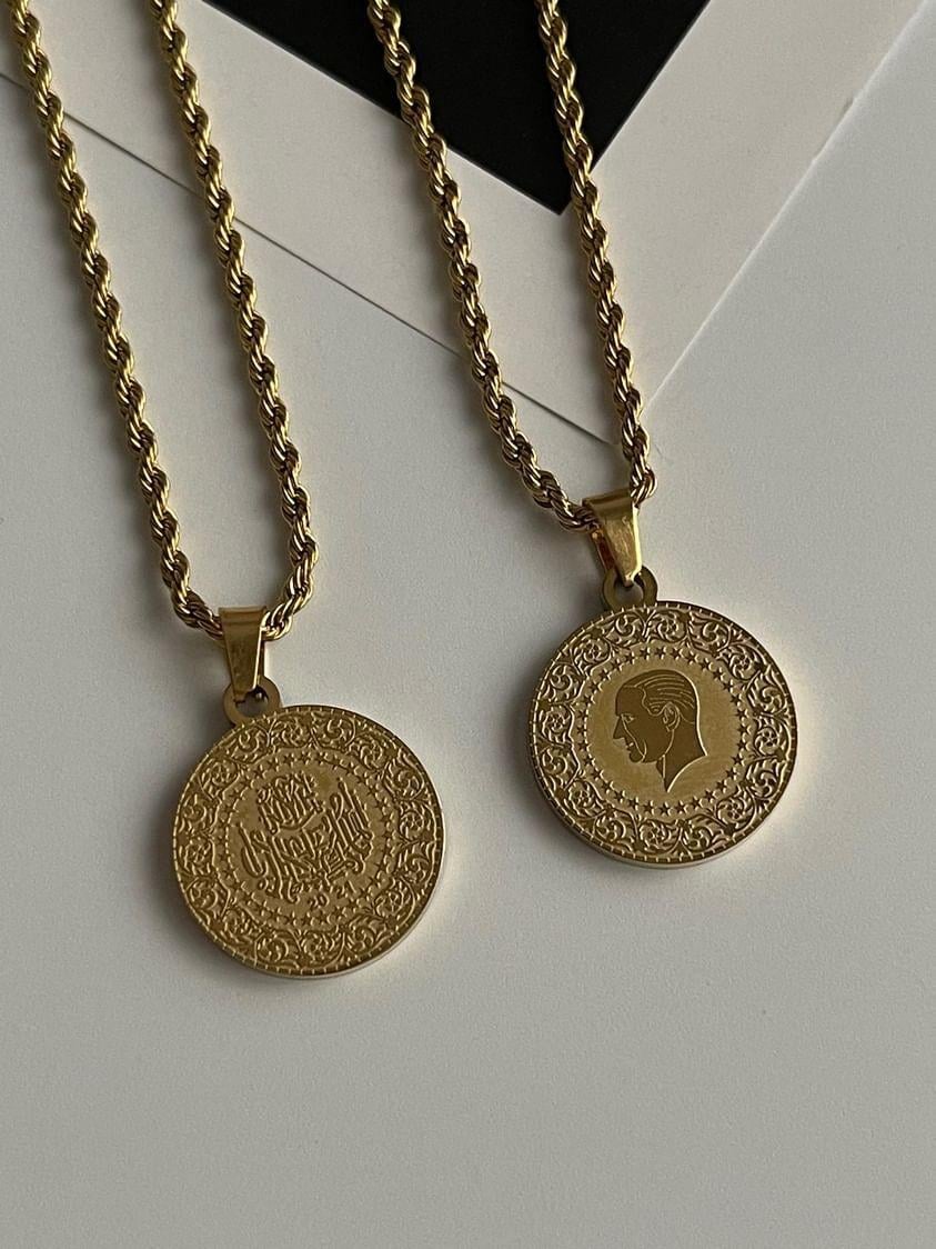Çelik Gold Atatürk Madalyon Uçlu Burgu Halat Kolye (45 Cm)