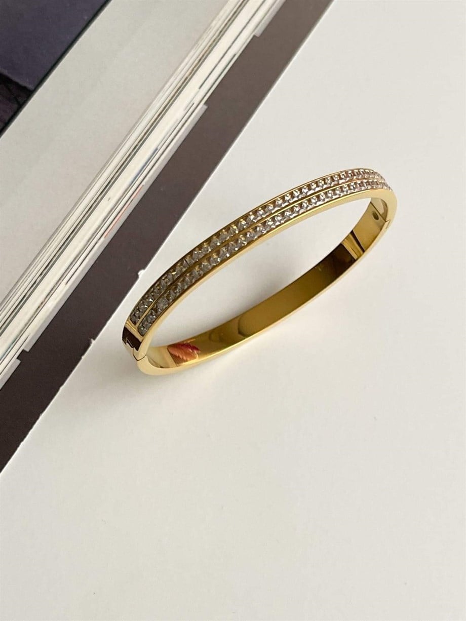 Çelik Gold Baget Taşlı Kelepçe Bileklik (6.5 Cm)