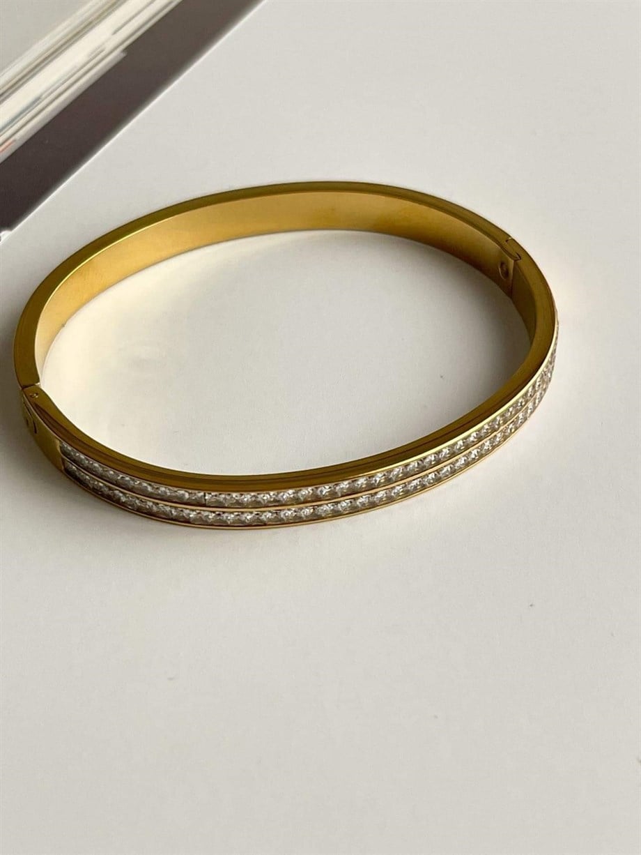 Çelik Gold Baget Taşlı Kelepçe Bileklik (6.5 Cm)