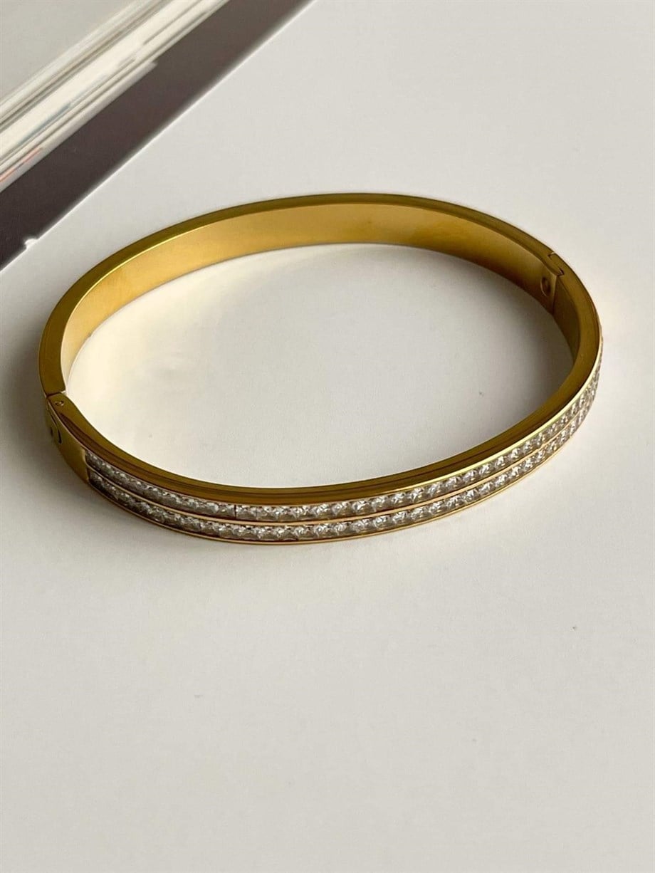 Çelik Gold Baget Taşlı Kelepçe Bileklik (6.5 Cm)
