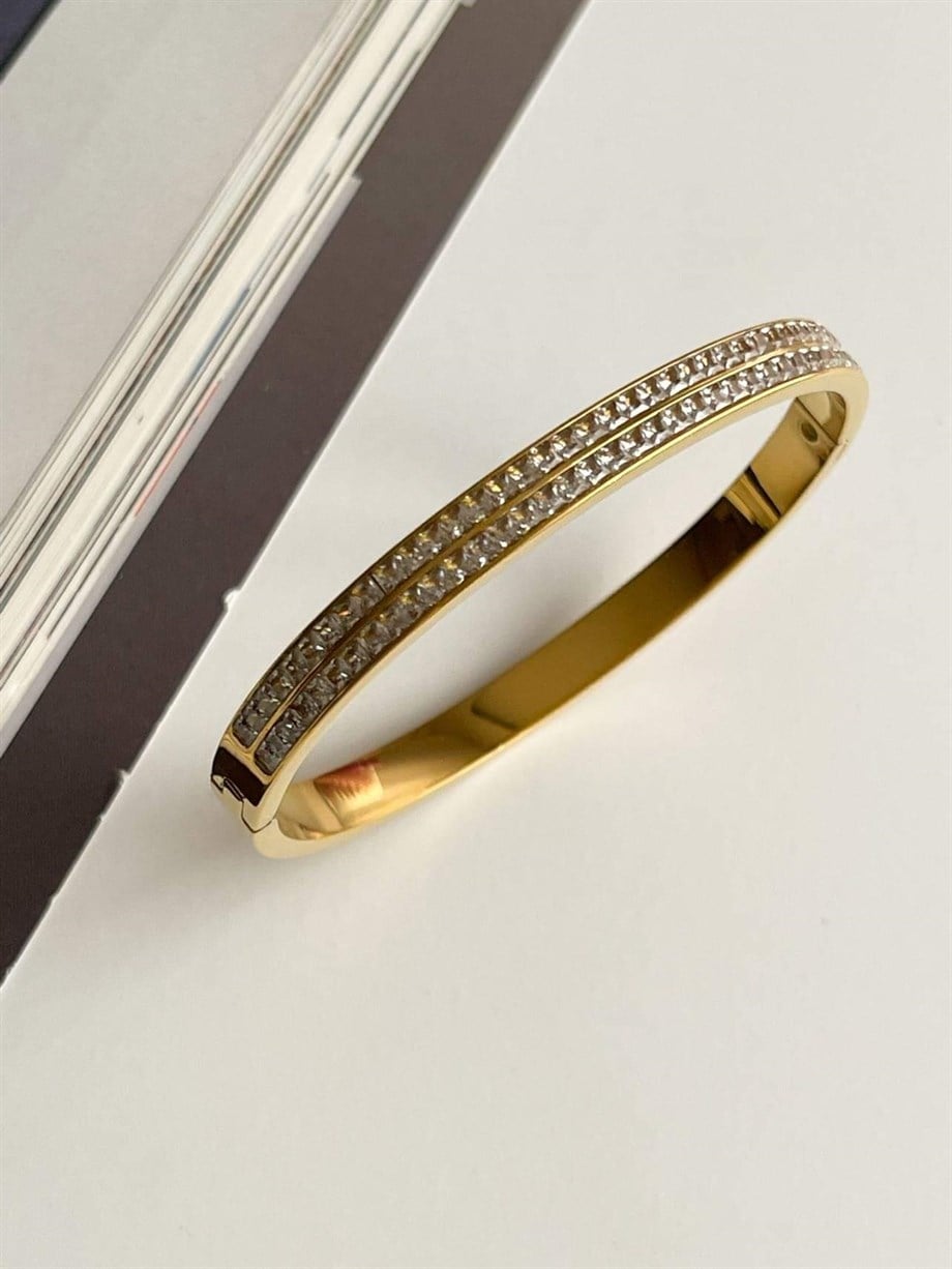 Çelik Gold Baget Taşlı Kelepçe Bileklik (6.5 Cm)