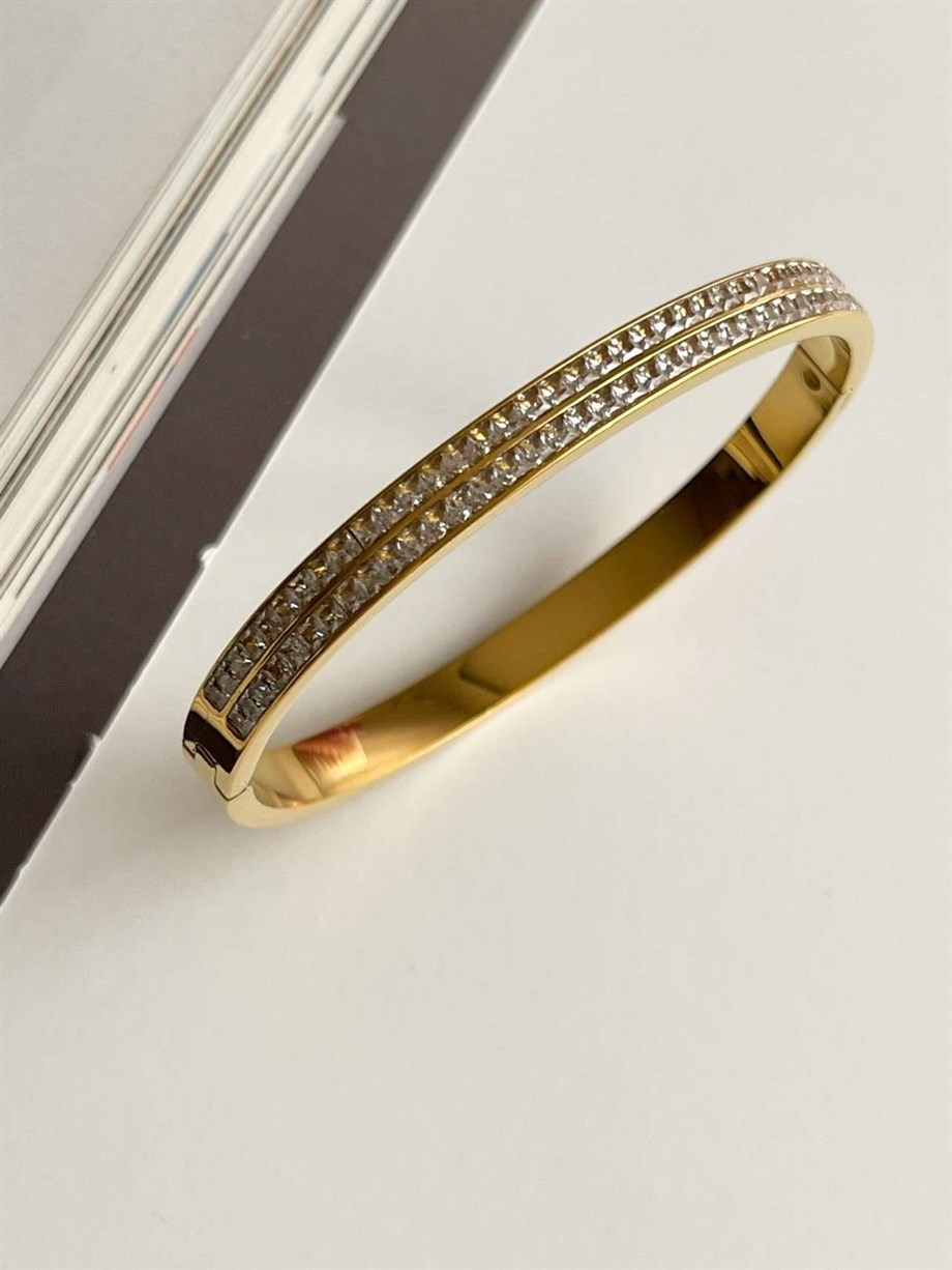Çelik Gold Baget Taşlı Kelepçe Bileklik (6.5 Cm)