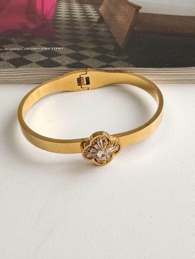 Çelik Gold Baget Taşlı One Cleef Kelepçe Bilezik 
