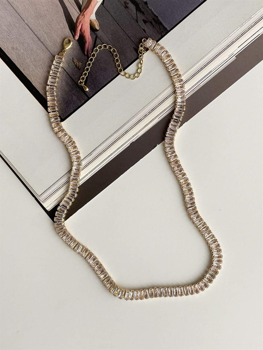 Çelik Gold Baget Taşlı Zincirli Valeria Lena Kolye (49 Cm)