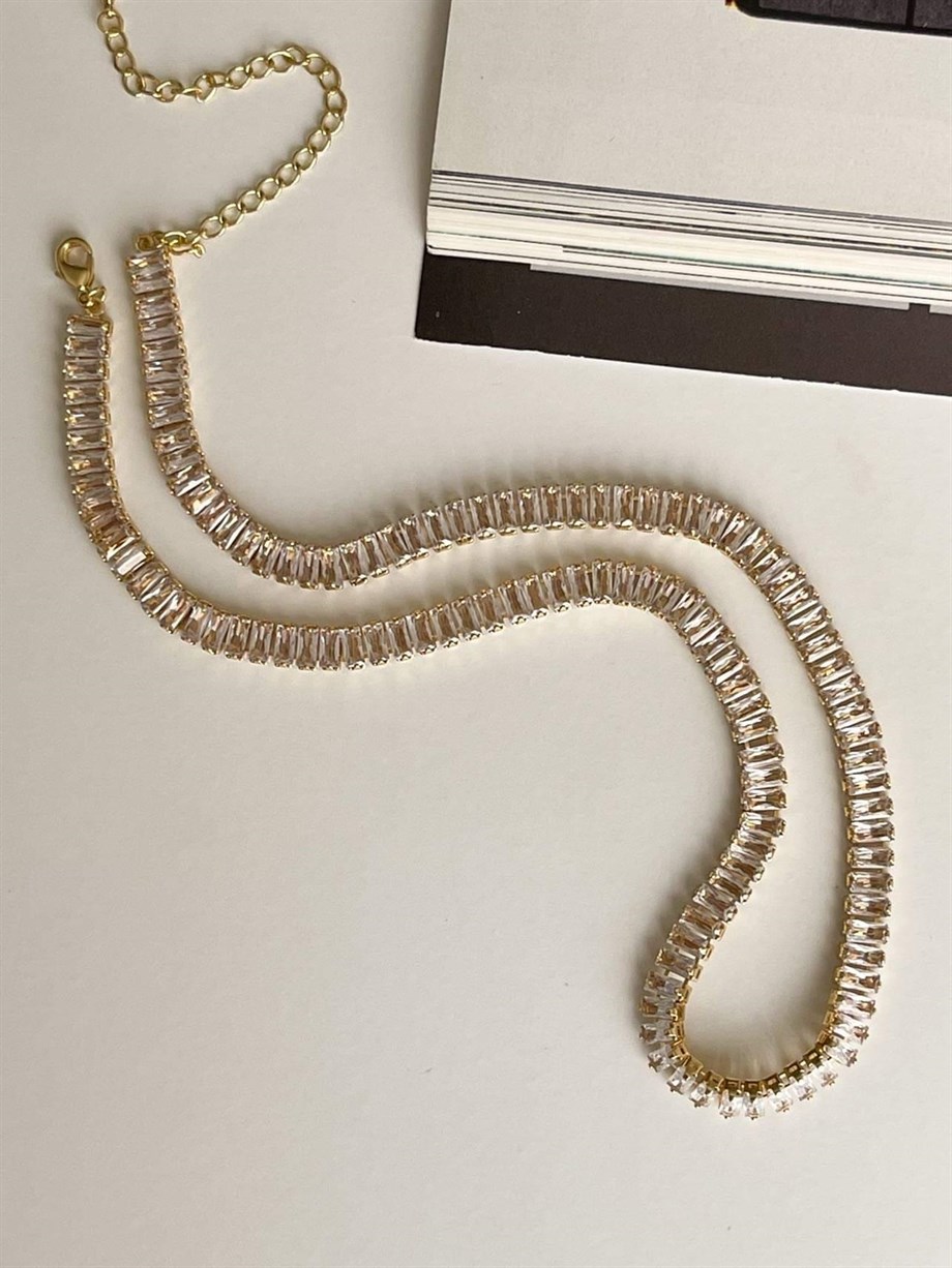 Çelik Gold Baget Taşlı Zincirli Valeria Lena Kolye (49 Cm)