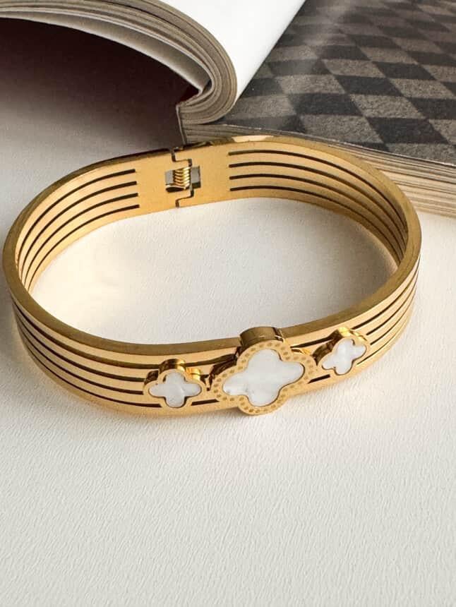 Çelik Gold Beyaz Detaylı One Cleef Kelepçe Bilezik 