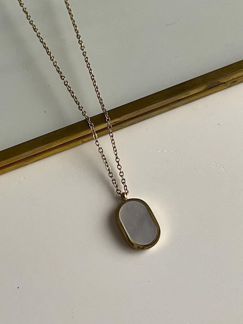 Çelik Gold Beyaz Sedefli Oval Kolye (45 Cm)
