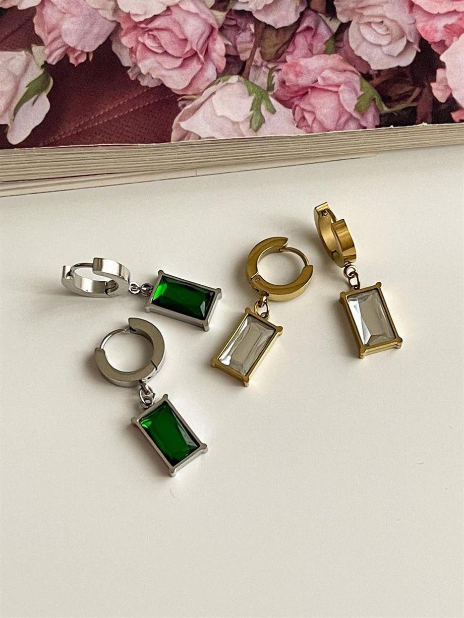 Çelik Gold Beyaz Taşlı Kare Küpe (3 Cm)