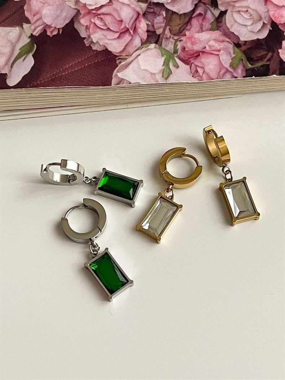 Çelik Gold Beyaz Taşlı Kare Küpe (3 Cm)