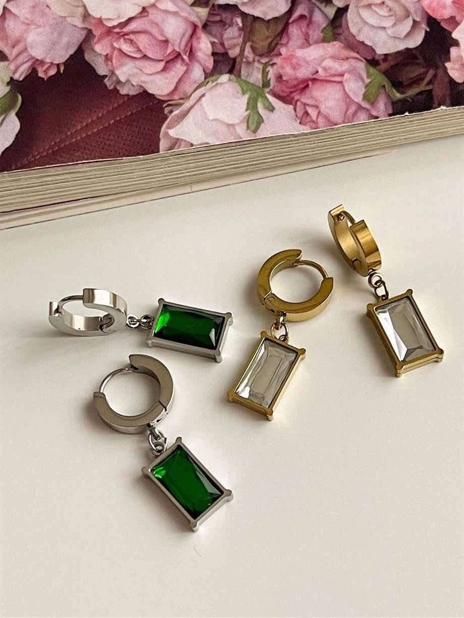 Çelik Gold Beyaz Taşlı Kare Küpe (3 Cm)