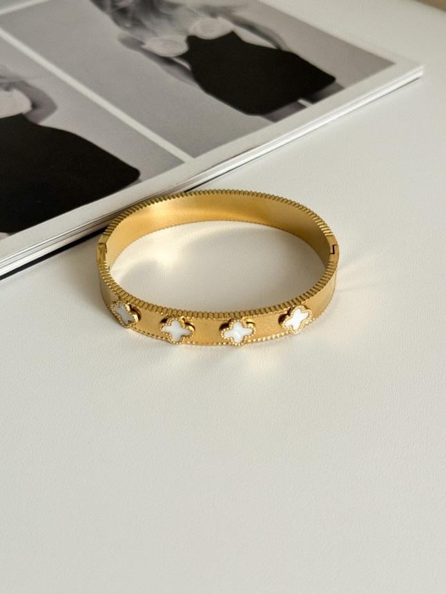 Çelik Gold Beyaz Taşlı One Cleff Kelepçe Bileklik 
